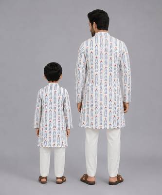 White coral red printed cotton silk father son kurta combo set 2
