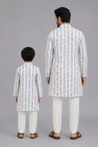 White coral red printed cotton silk father son kurta combo set