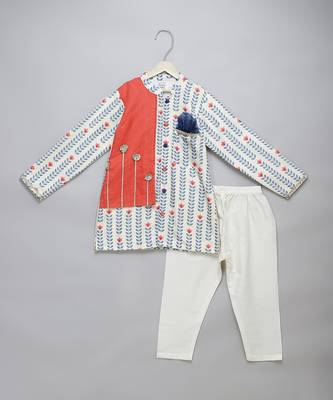 White coral red printed cotton silk father son kurta combo set 3