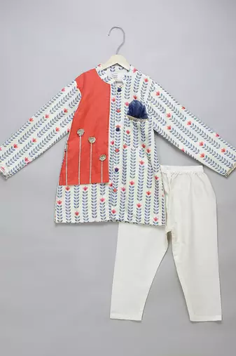 White coral red printed cotton silk father son kurta combo set