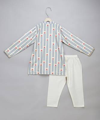 White coral red printed cotton silk father son kurta combo set 4