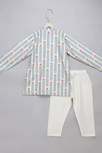 White coral red printed cotton silk father son kurta combo set