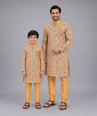 Golden beige printed cotton silk father son kurta combo set 1