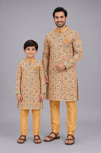 Golden beige printed cotton silk father son kurta combo set
