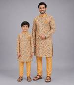 Golden beige printed cotton silk father son kurta combo set