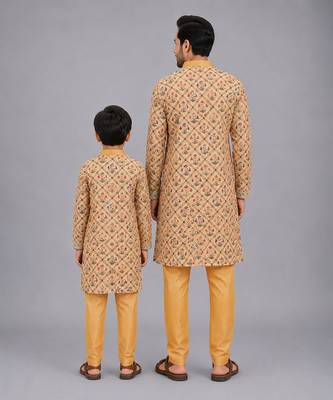 Golden beige printed cotton silk father son kurta combo set 2