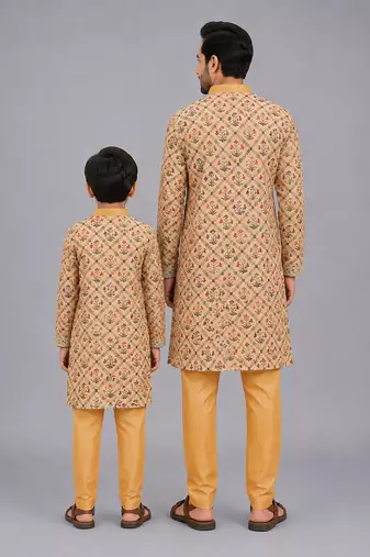 Golden beige printed cotton silk father son kurta combo set