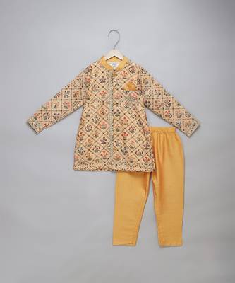 Golden beige printed cotton silk father son kurta combo set 3