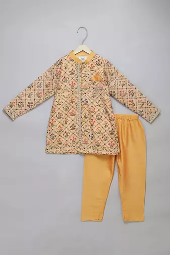 Golden beige printed cotton silk father son kurta combo set