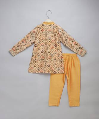Golden beige printed cotton silk father son kurta combo set 4