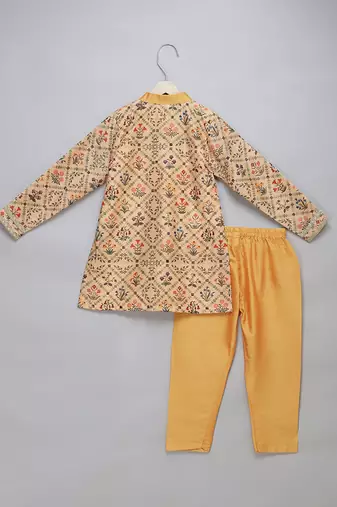Golden beige printed cotton silk father son kurta combo set