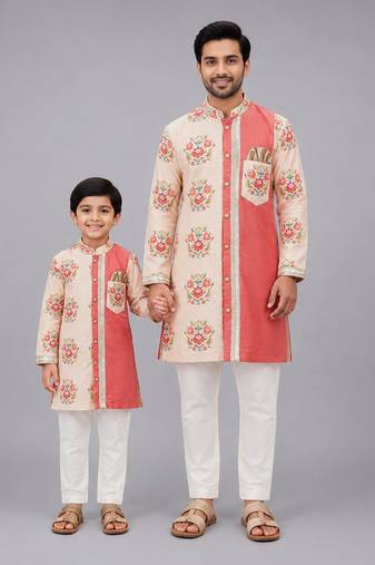 Peach beige printed cotton silk father son kurta combo set