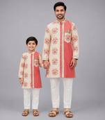 Peach beige printed cotton silk father son kurta combo set