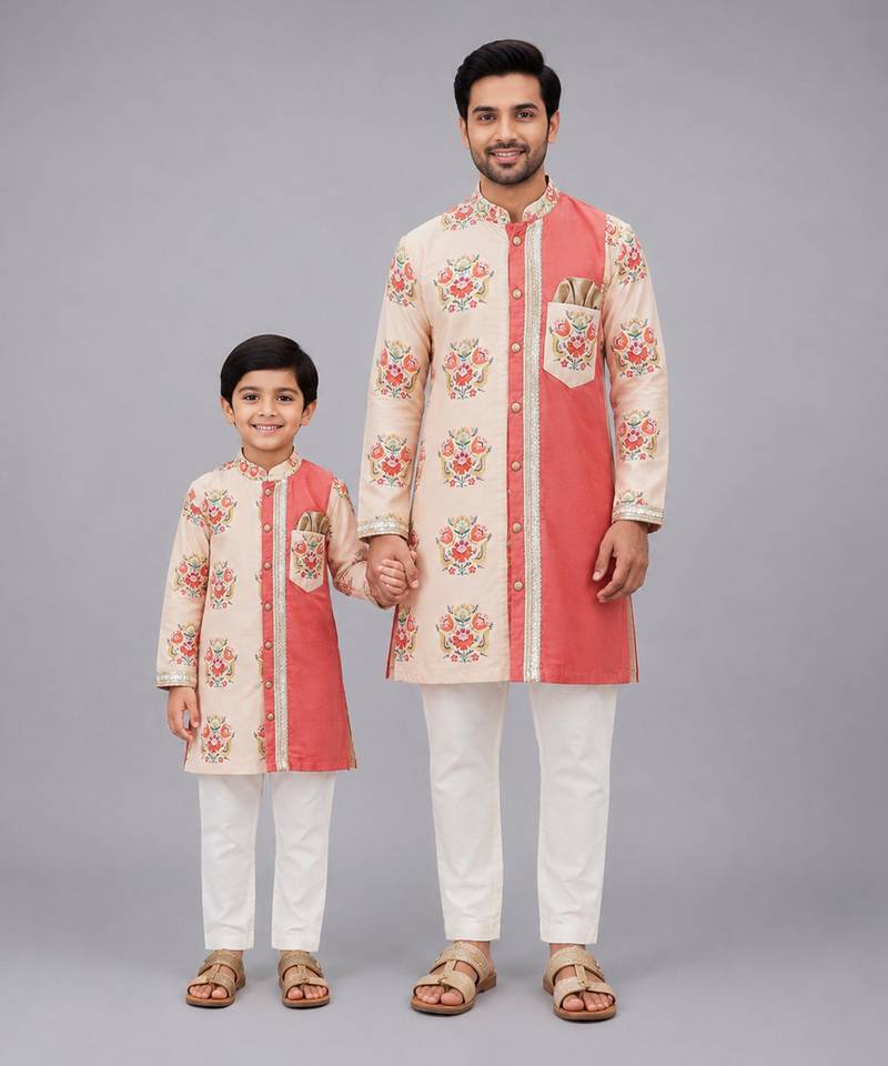 Peach beige printed cotton silk father son kurta combo set