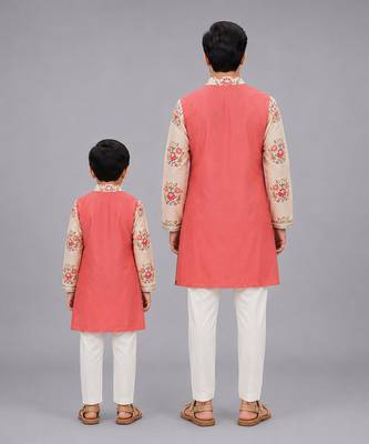 Peach beige printed cotton silk father son kurta combo set 2