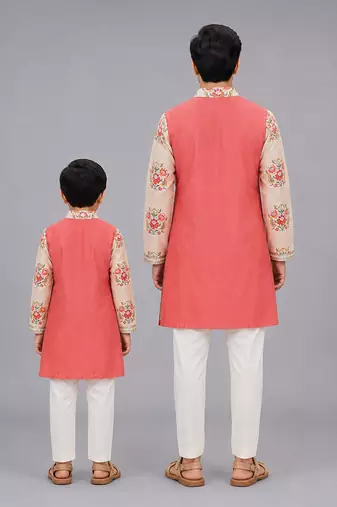 Peach beige printed cotton silk father son kurta combo set