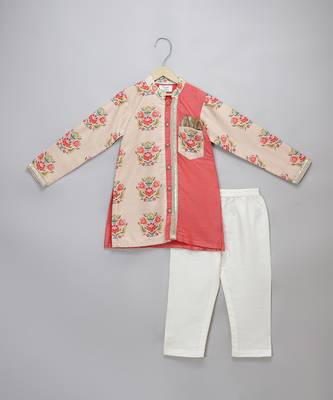 Peach beige printed cotton silk father son kurta combo set 3
