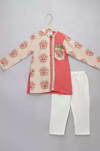 Peach beige printed cotton silk father son kurta combo set