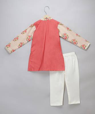 Peach beige printed cotton silk father son kurta combo set 4