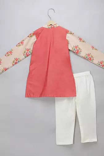 Peach beige printed cotton silk father son kurta combo set