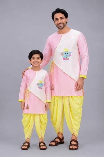 Pink printed cotton silk father son kurta combo set
