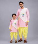Pink printed cotton silk father son kurta combo set