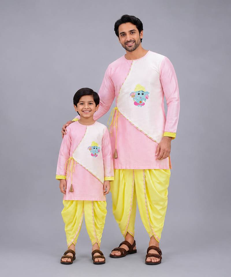 Pink printed cotton silk father son kurta combo set