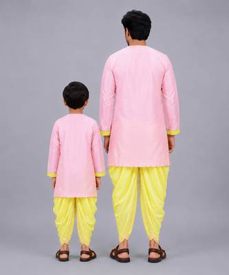 Pink printed cotton silk father son kurta combo set 2