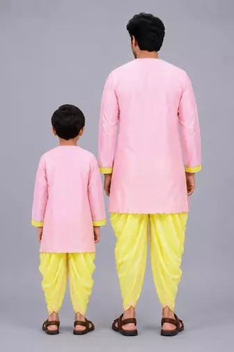 Pink printed cotton silk father son kurta combo set