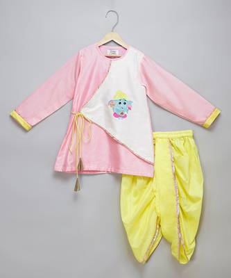 Pink printed cotton silk father son kurta combo set 3