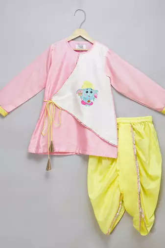 Pink printed cotton silk father son kurta combo set