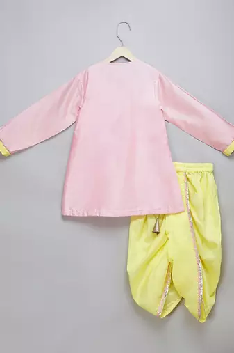 Pink printed cotton silk father son kurta combo set