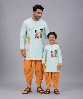 Blue rakhi printed cotton silk father son kurta combo set 1