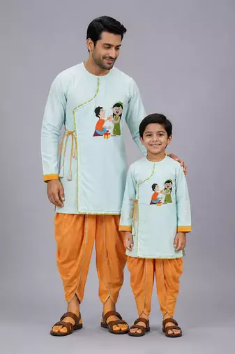Blue rakhi printed cotton silk father son kurta combo set