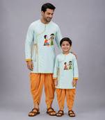Blue rakhi printed cotton silk father son kurta combo set