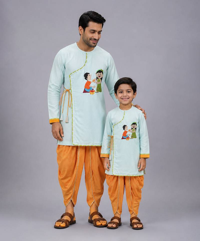 Blue rakhi printed cotton silk father son kurta combo set