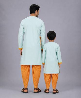 Blue rakhi printed cotton silk father son kurta combo set 2