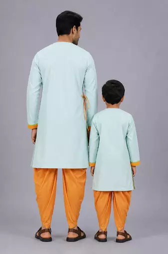 Blue rakhi printed cotton silk father son kurta combo set