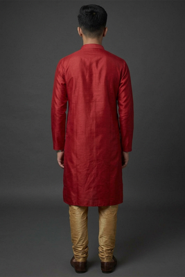 Red silk kurta set for men's 2