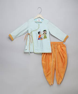 Blue rakhi printed cotton silk father son kurta combo set 3