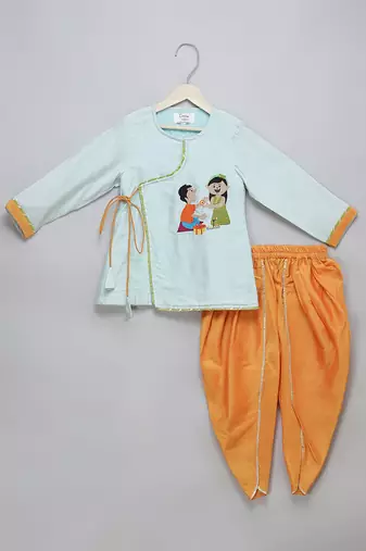 Blue rakhi printed cotton silk father son kurta combo set