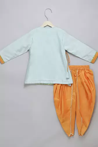 Blue rakhi printed cotton silk father son kurta combo set