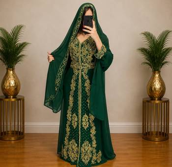 Emerald Green Gold Embroidered Luxury Kaftan Set 1