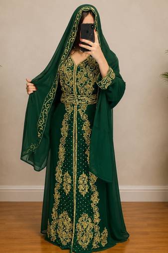 Emerald Green Gold Embroidered Luxury Kaftan Set