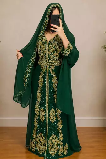 Emerald Green Gold Embroidered Luxury Kaftan Set