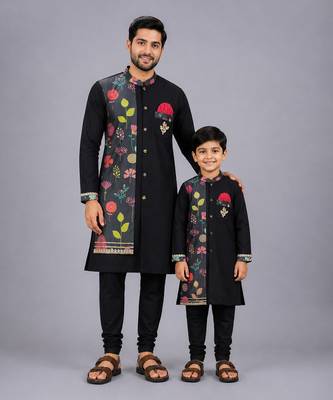 Black printed cotton silk father son kurta combo set 1