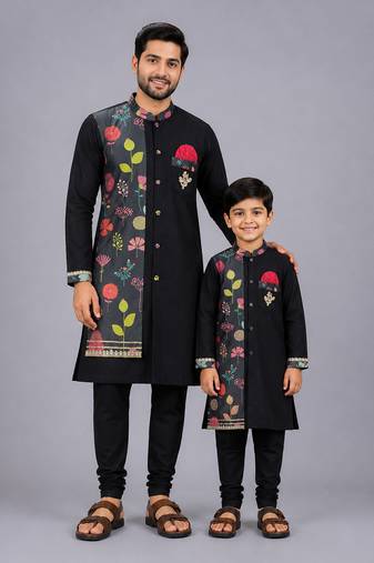 Black printed cotton silk father son kurta combo set
