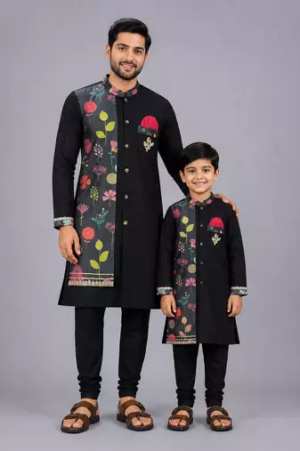 Black printed cotton silk father son kurta combo set