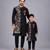 Black printed cotton silk father son kurta combo set