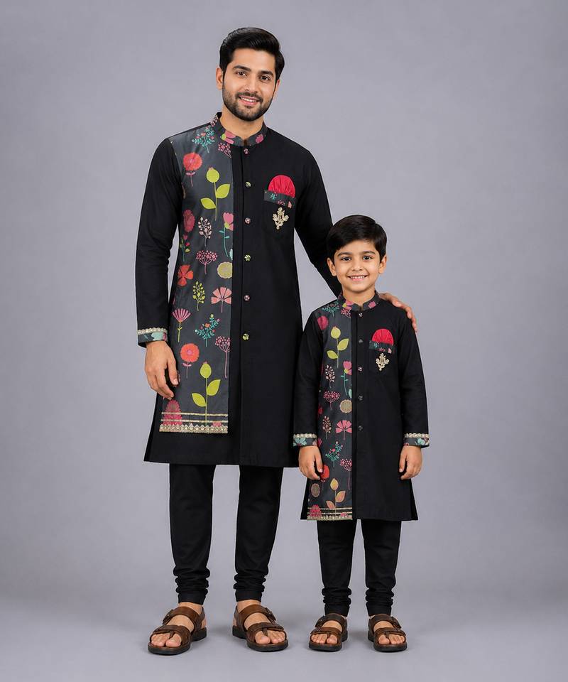 Black printed cotton silk father son kurta combo set